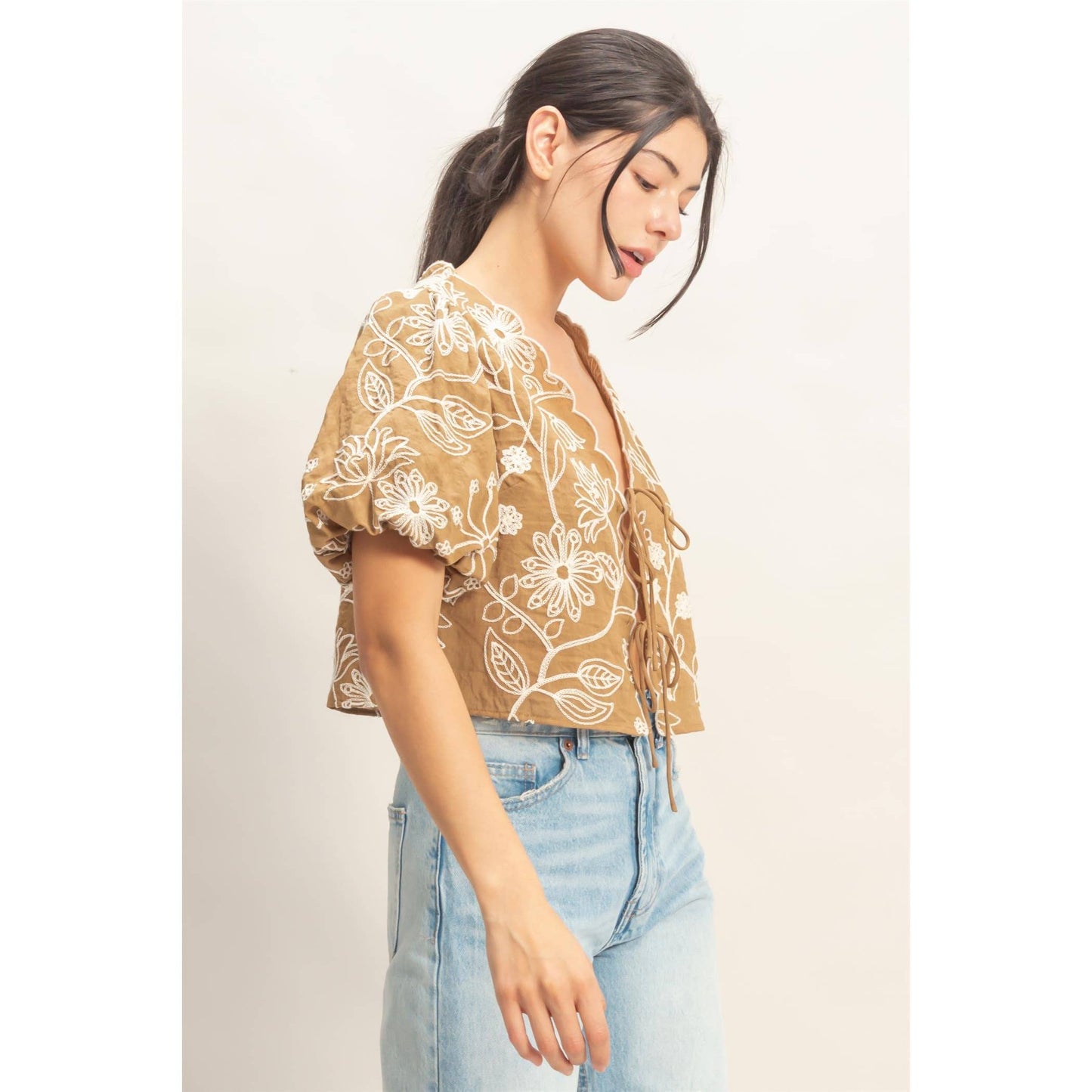 Floral Embroidered Tie-Front Top