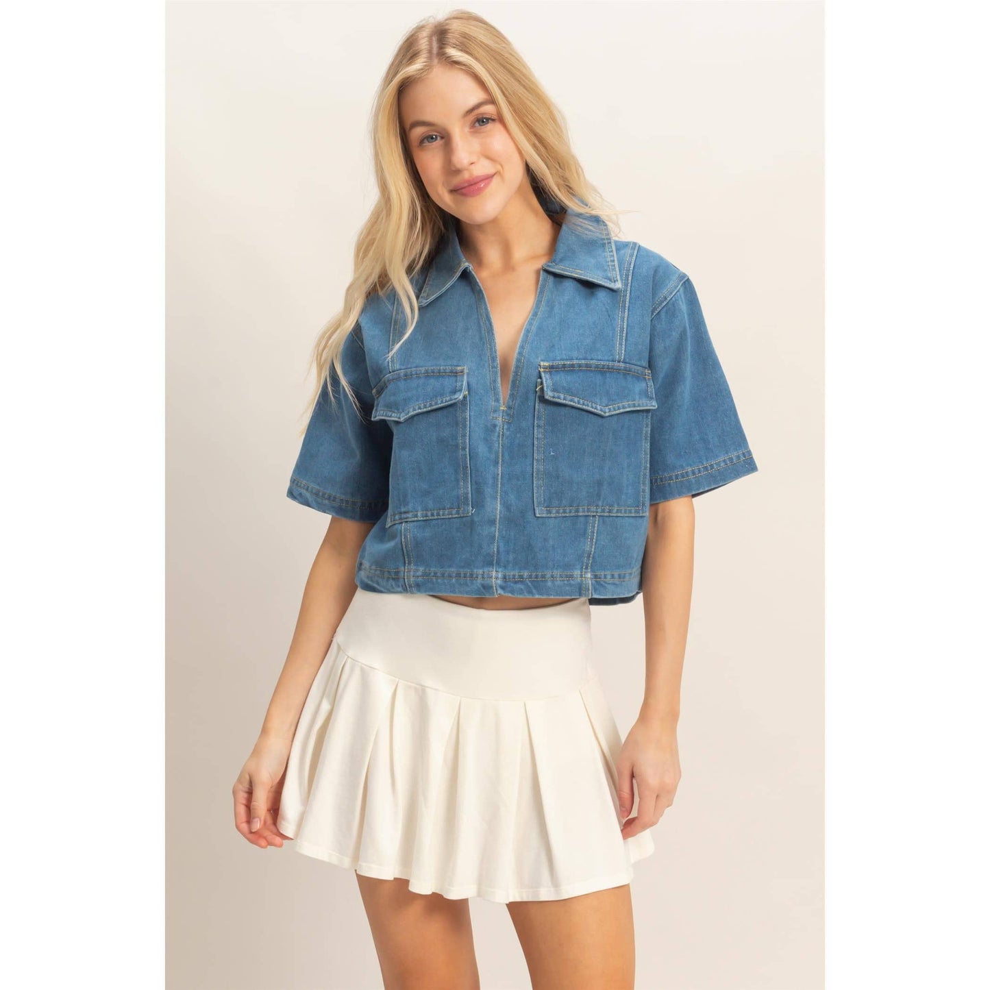 Denim V-Neck Cropped Top