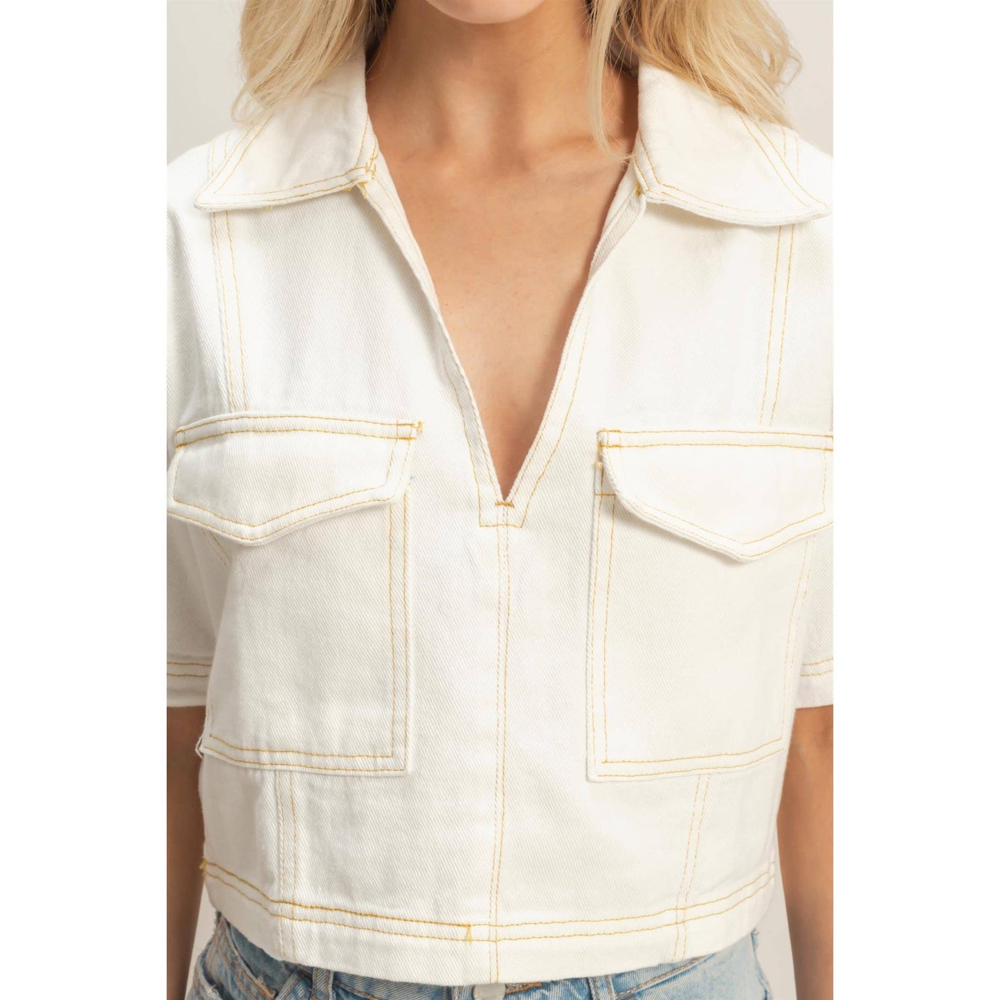 Denim V-Neck Cropped Top