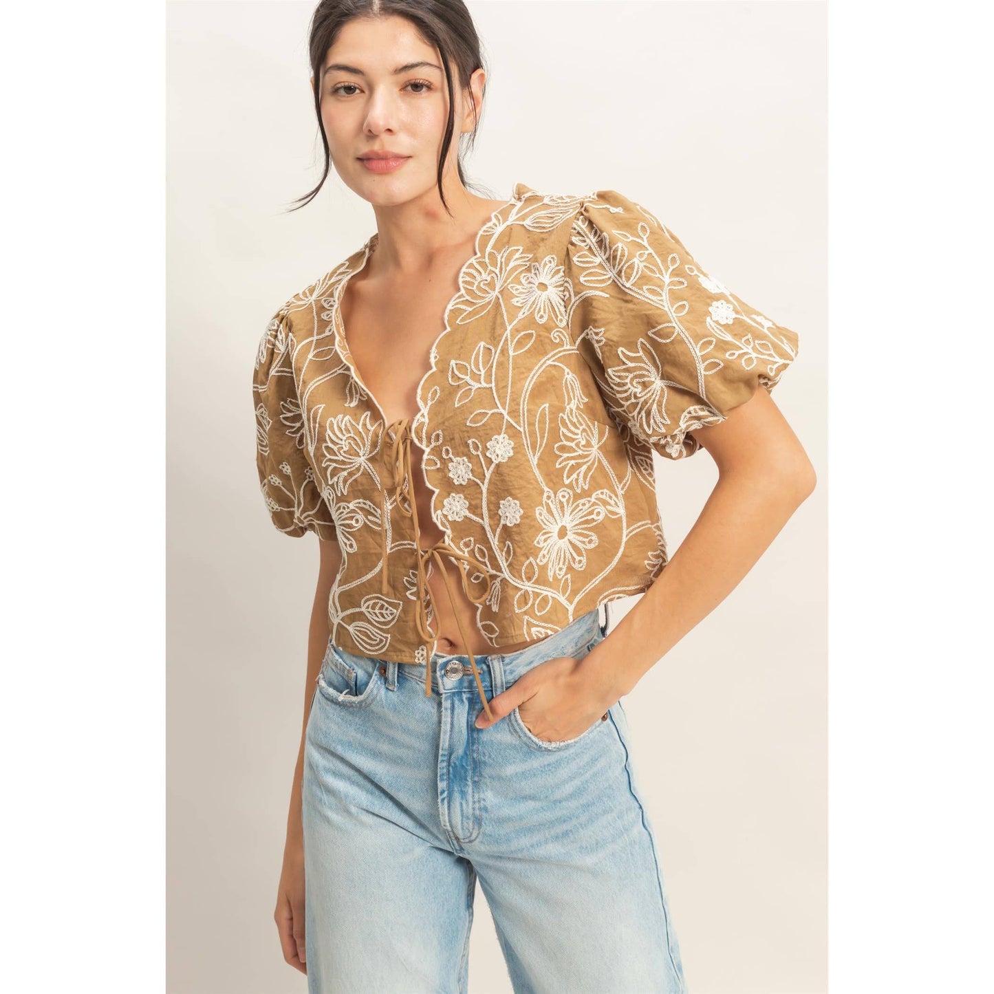 Floral Embroidered Tie-Front Top