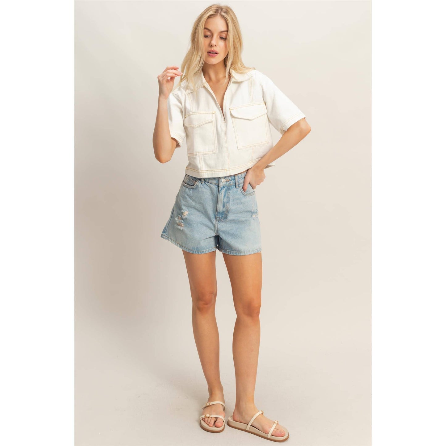 Denim V-Neck Cropped Top