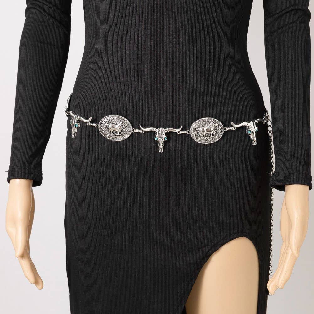 Western Horse Disc And Long Horn Chain Belt