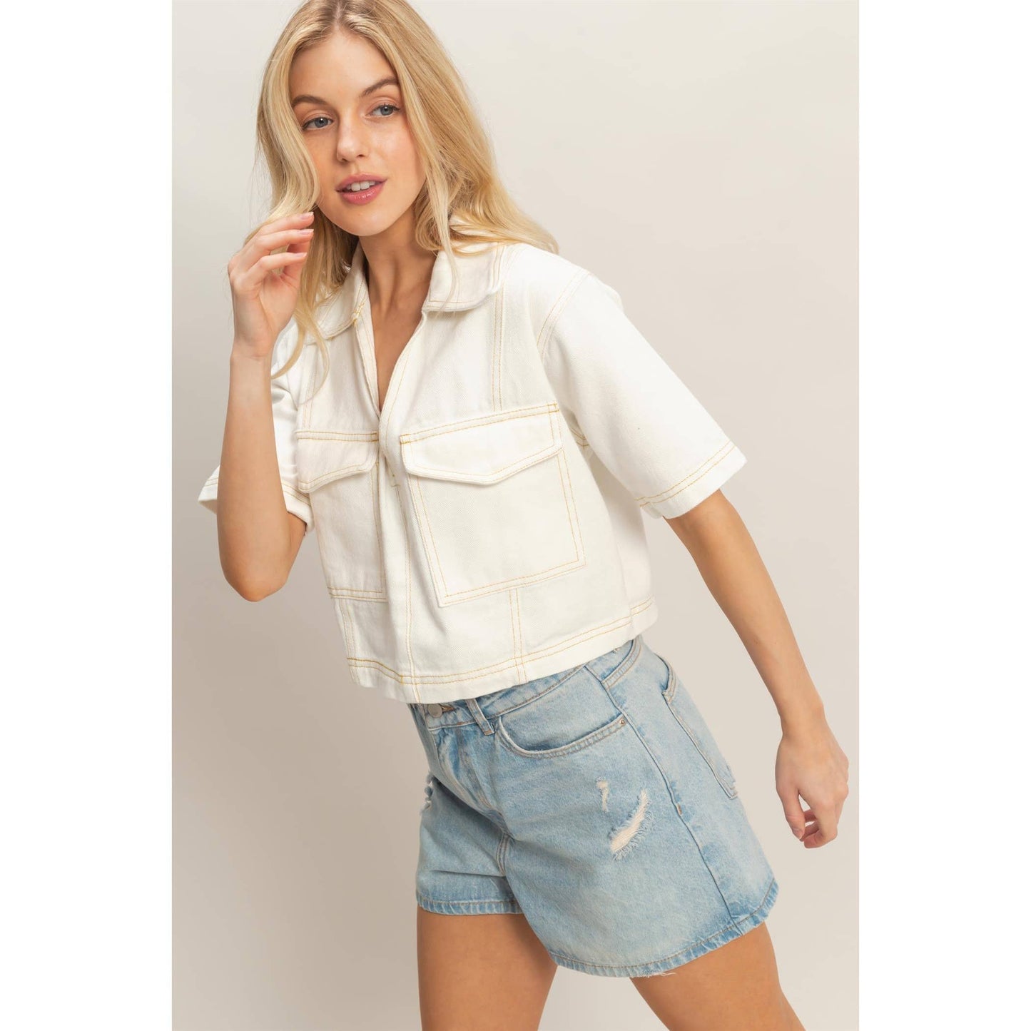 Denim V-Neck Cropped Top