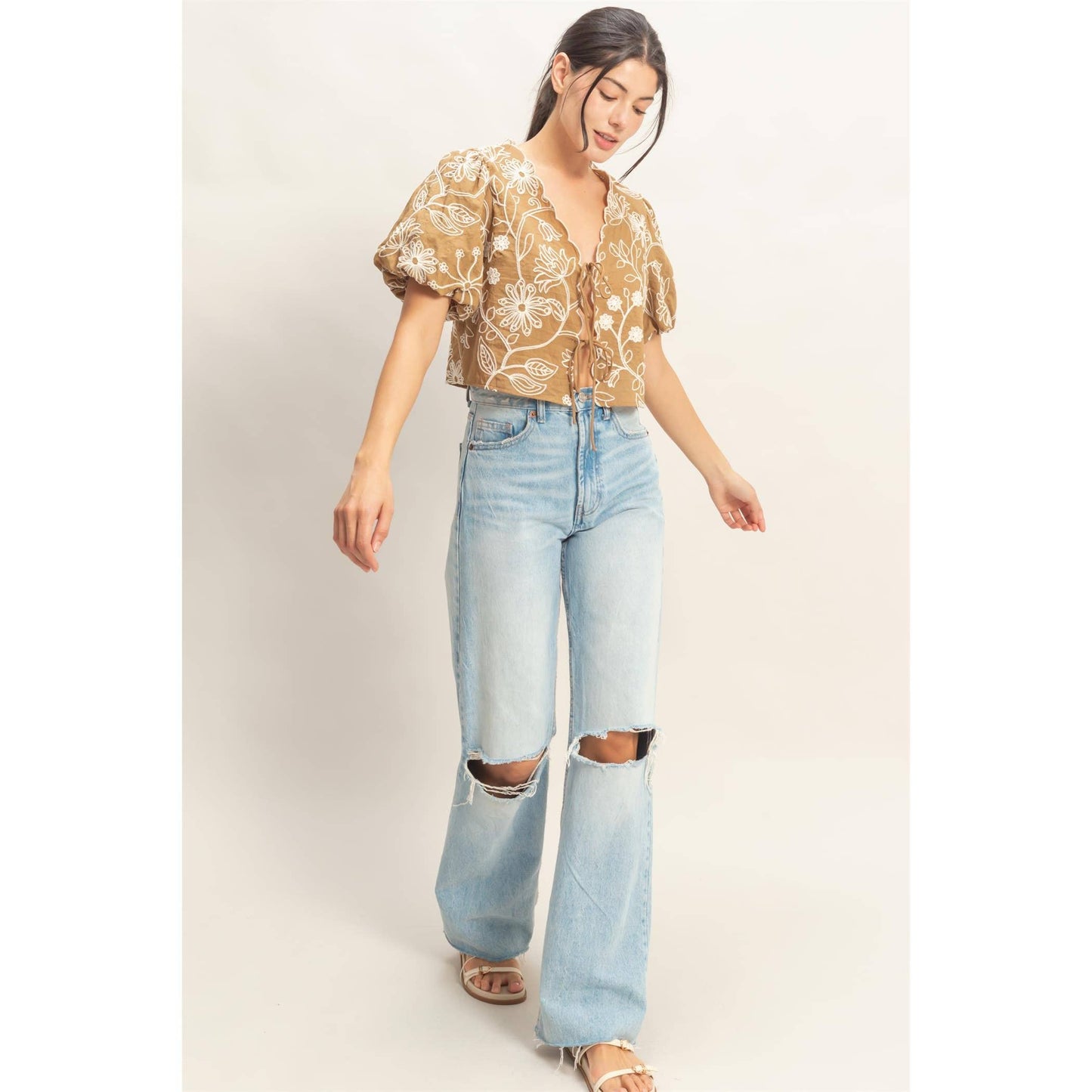 Floral Embroidered Tie-Front Top