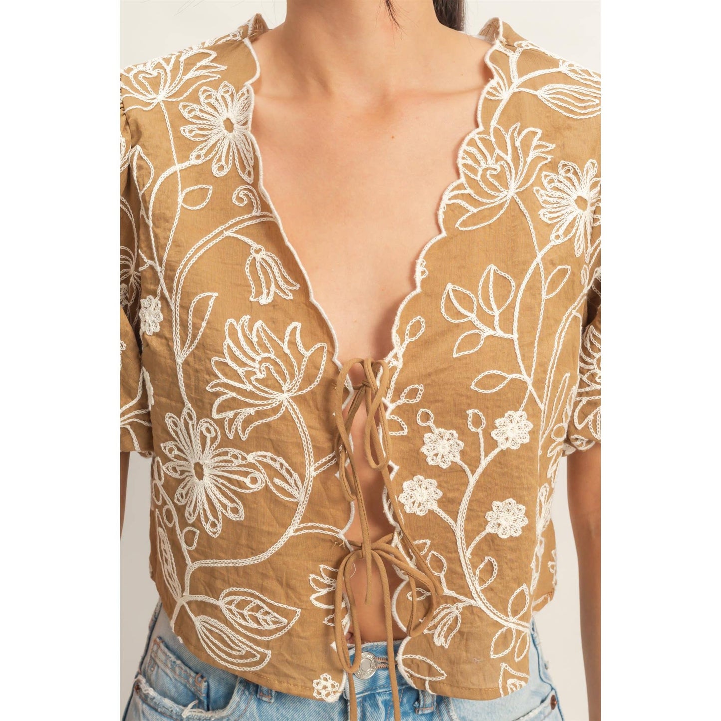 Floral Embroidered Tie-Front Top