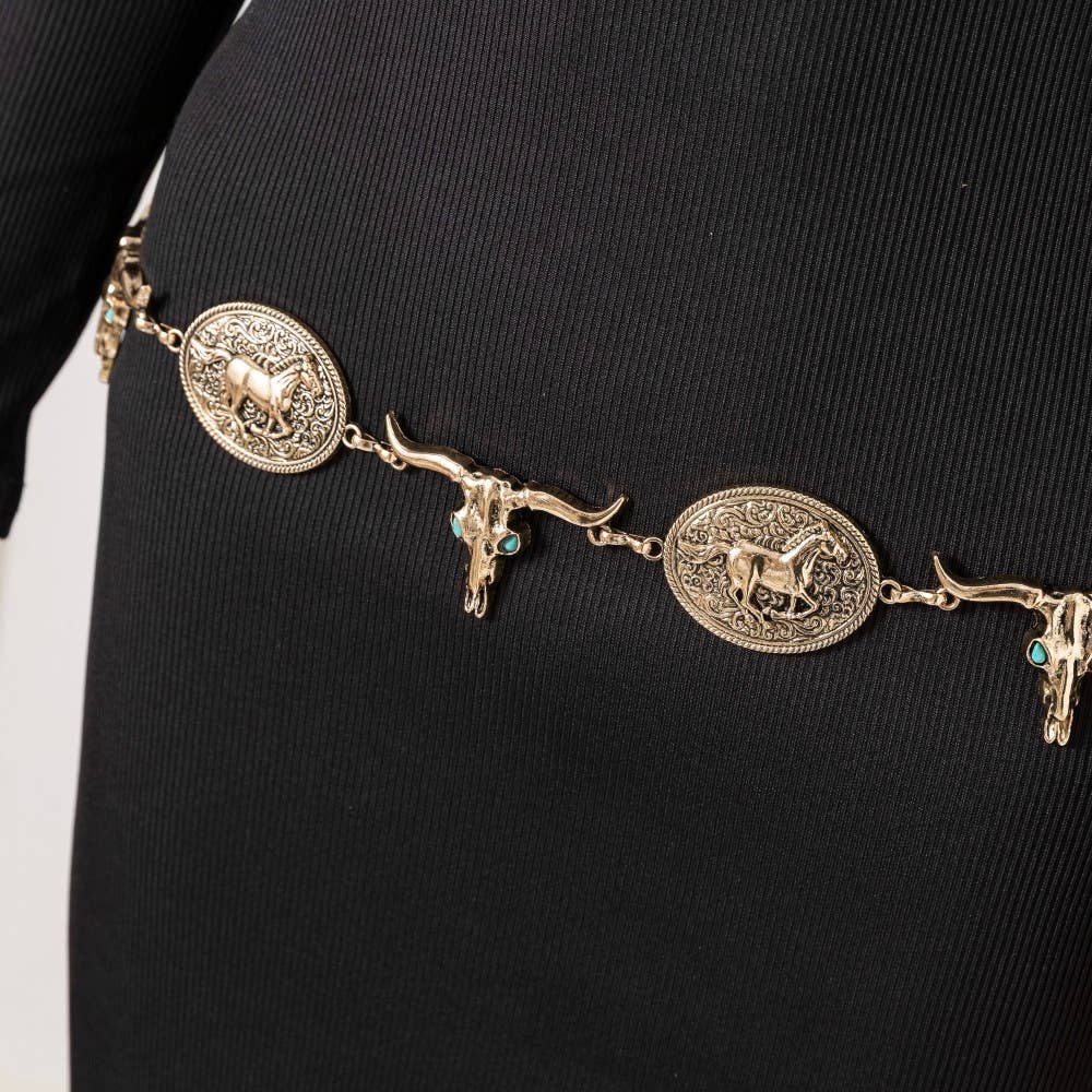 Western Horse Disc And Long Horn Chain Belt