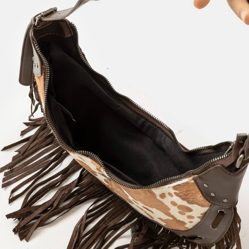 Cow Print Leather Fringe Hobo Bag