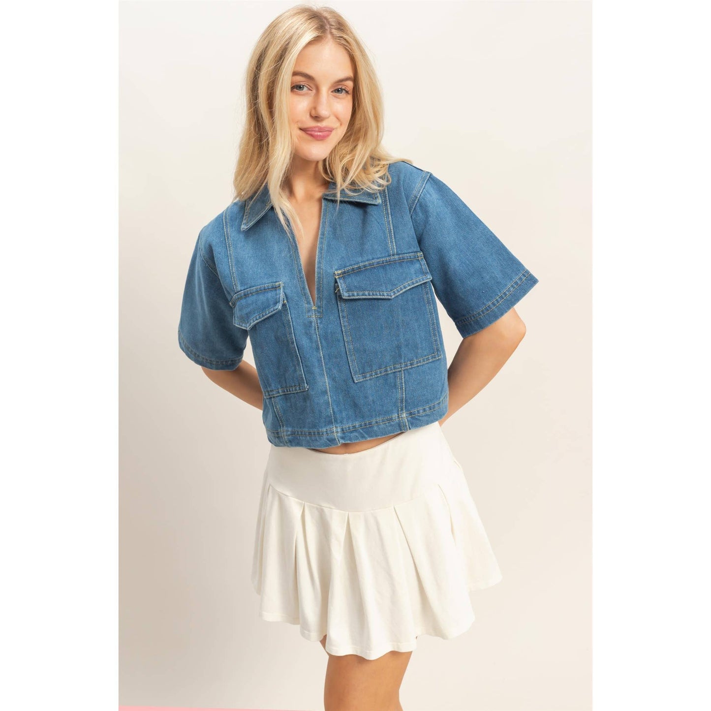Denim V-Neck Cropped Top