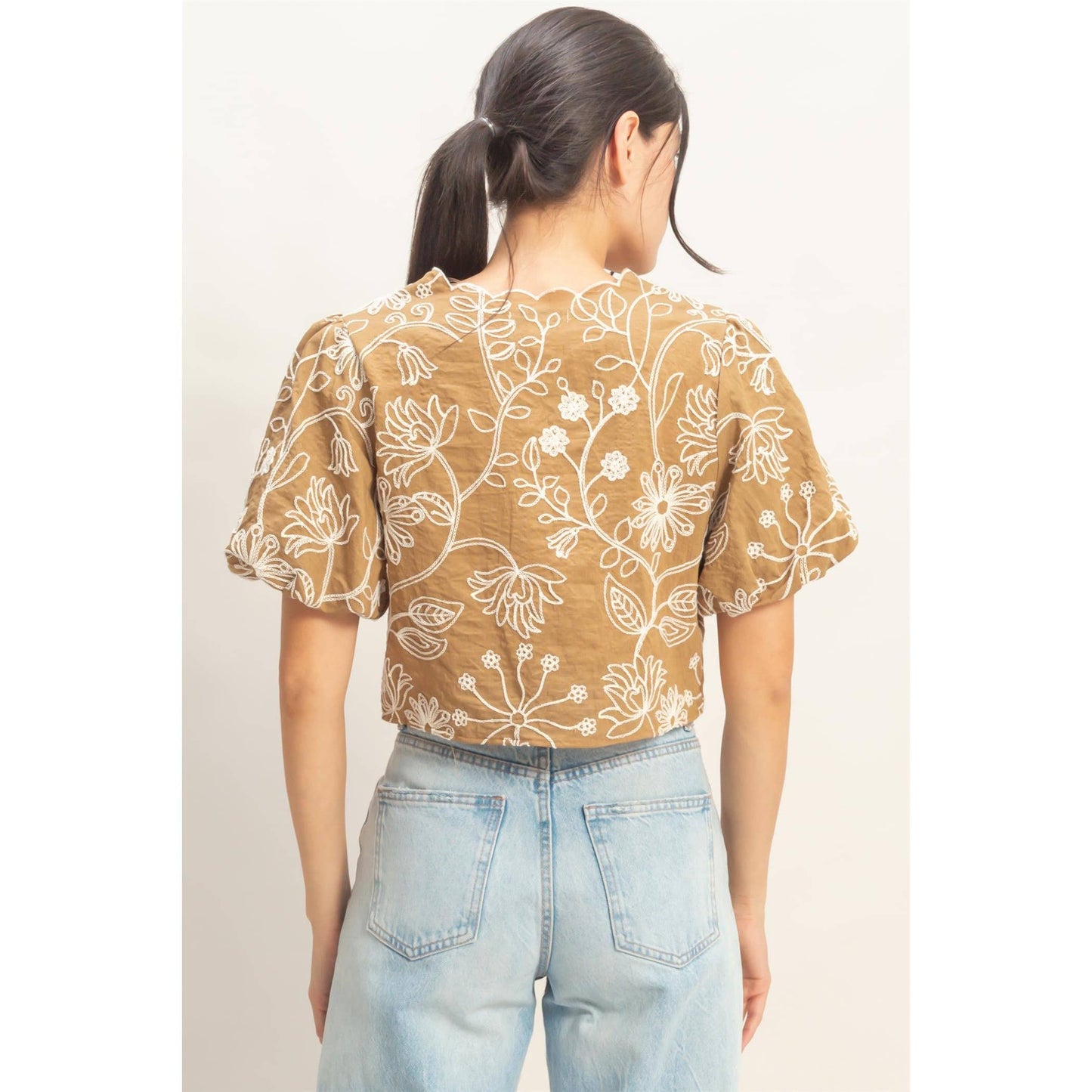 Floral Embroidered Tie-Front Top