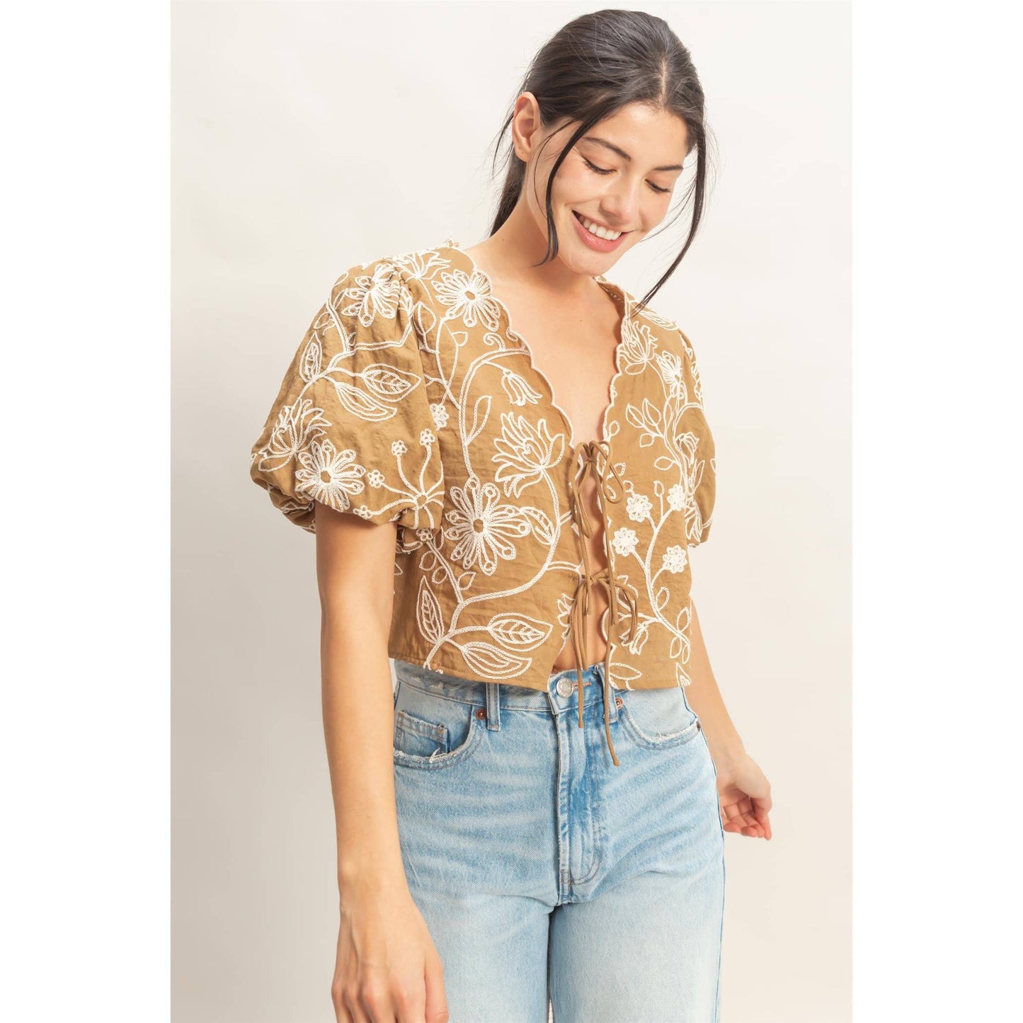 Floral Embroidered Tie-Front Top